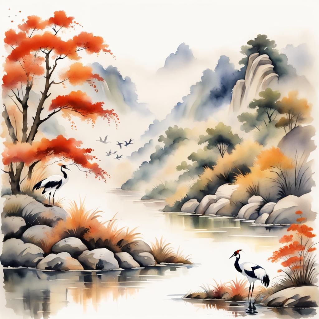 Elegant Red-Crowned Cranes in Watercolor Style