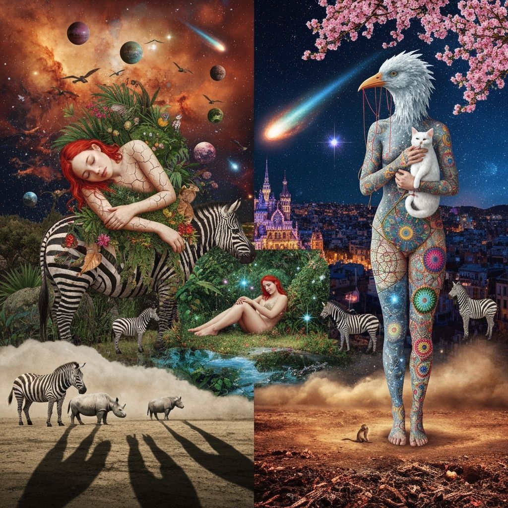 Woman Sleeps on Zebra Amidst Surreal Dreamscape