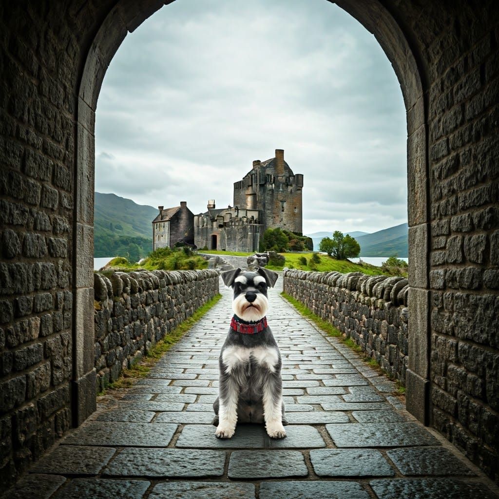 Mini Schnauzer Guarding Scottish Castle: Photographic Realis...