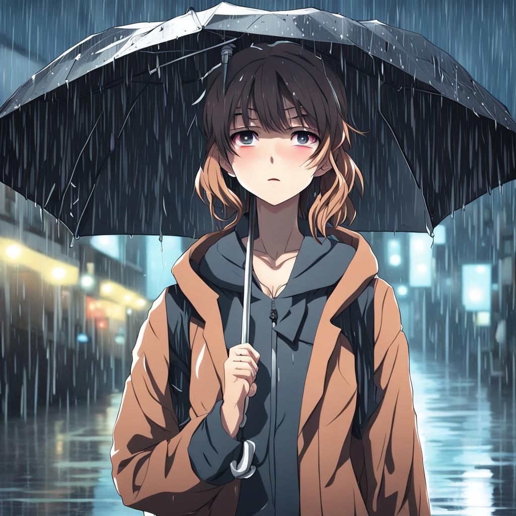Sad Girl Crying in Rain: Anime Key Visual