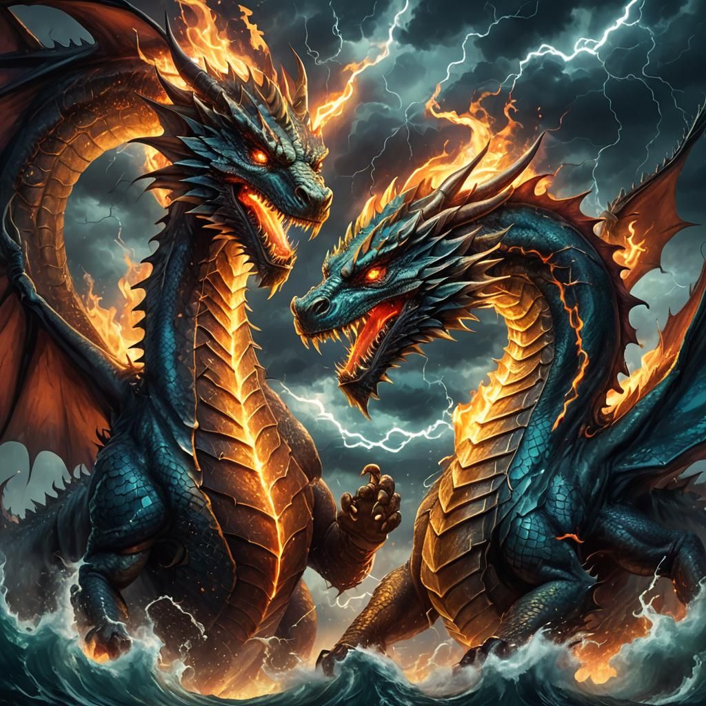 Epic Dragon Battle in Stormy Fantasy Illustration