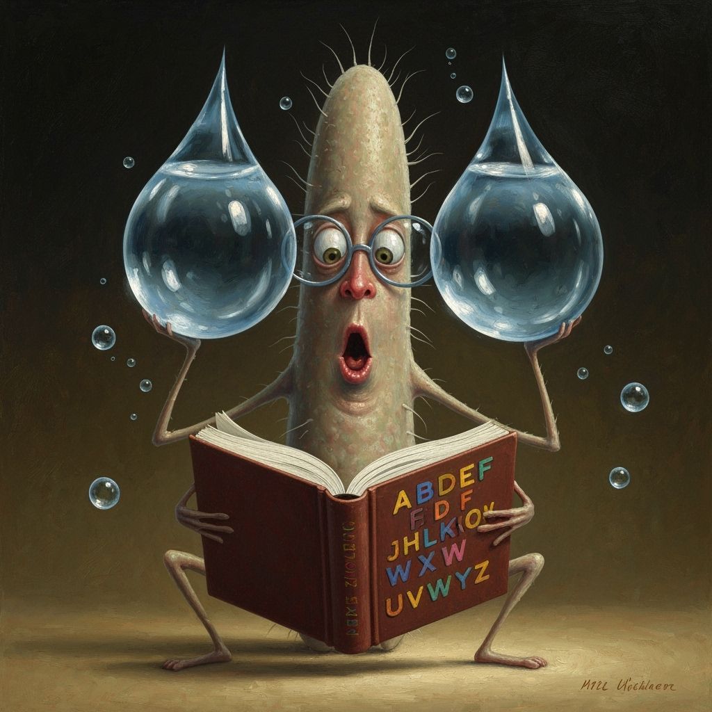 Whimsical Microbe Reads Alphabet Book Upside Down as Oil Pai...