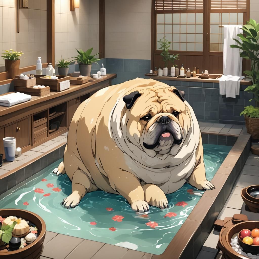 Anime Fat Dog Enjoying a Spa Day