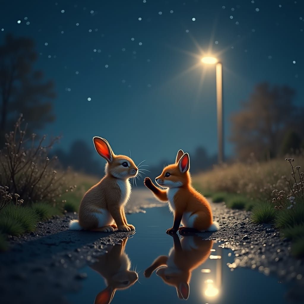 Rabbit and Fox Reflecting in Starry Puddle