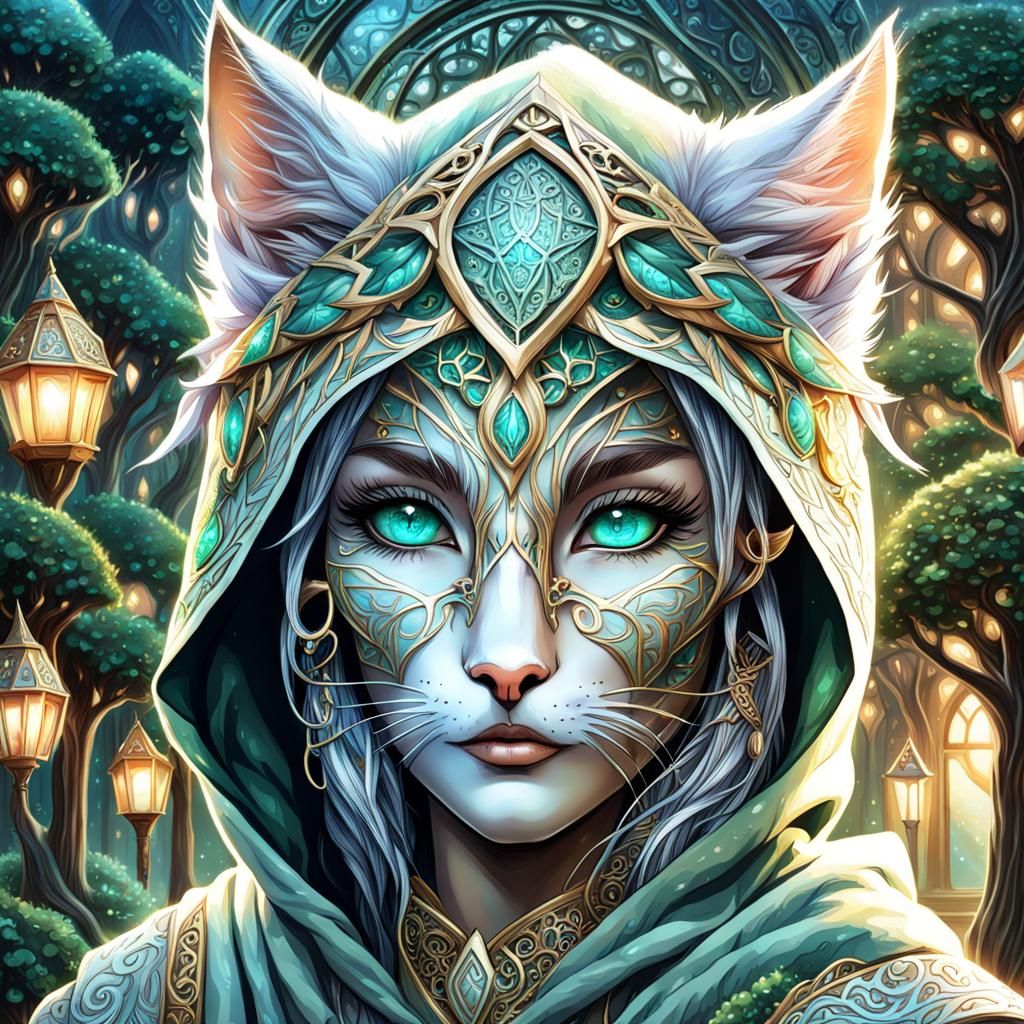 Beautiful Elven Cat Druid in Hyperdetailed Airbrush Art