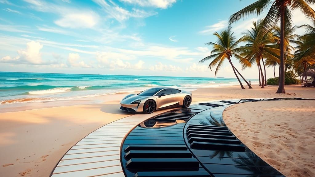 Self-Driving Car on Thai Beach in Photorealistic Style