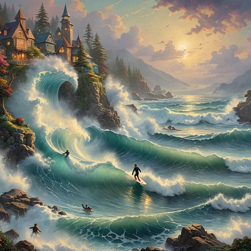 Ethereal Surfing Scene in Hyperdetailed Fantasy Style
