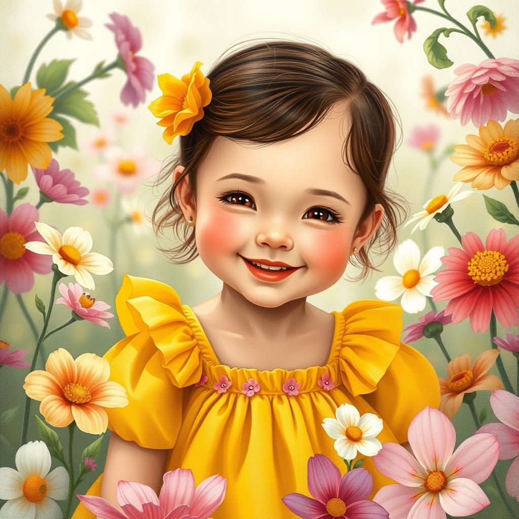 Whimsical Girl Surrounded by Vibrant Flowers in a Dreamy Aes...