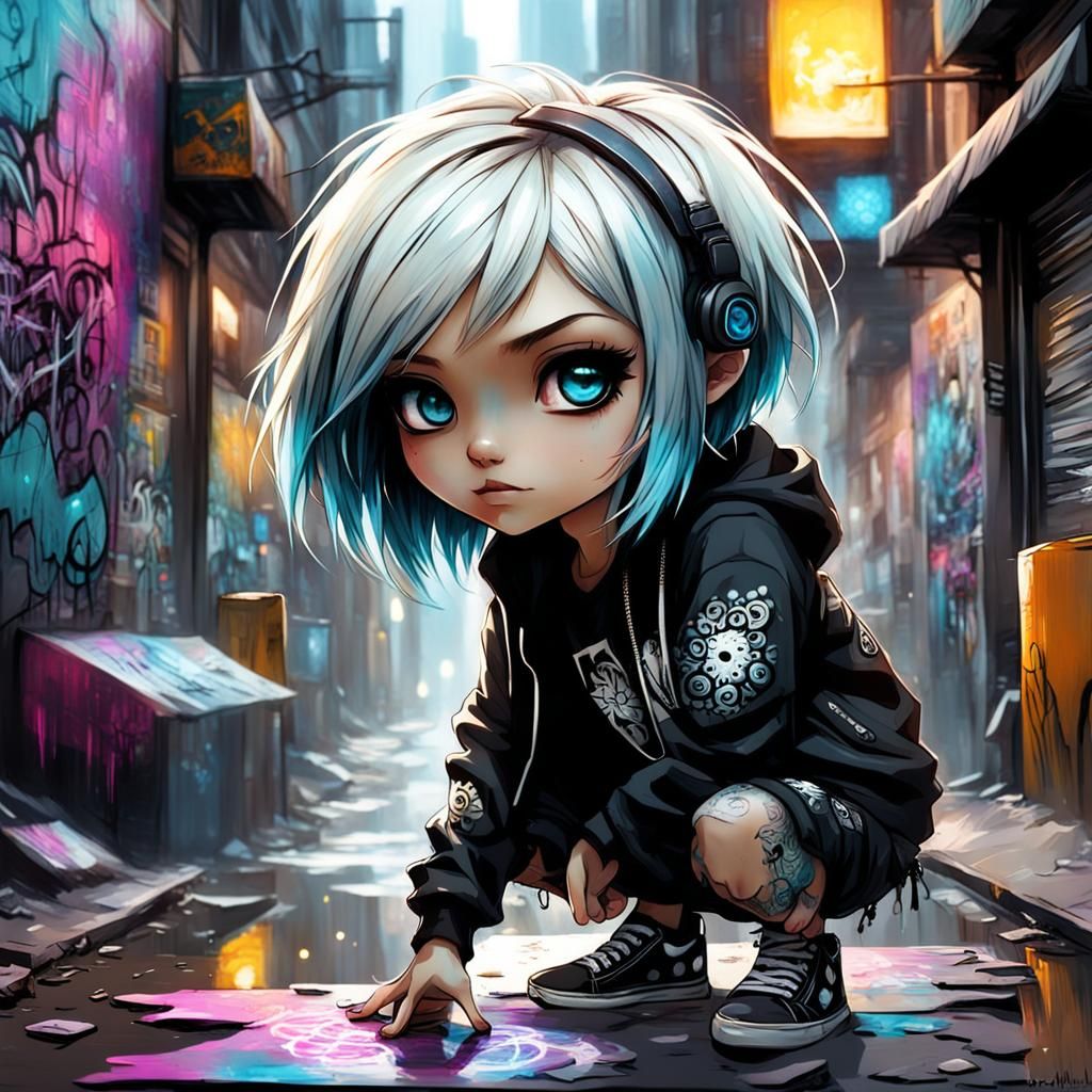 Chibi Graffiti Artist in Emo Punk Style