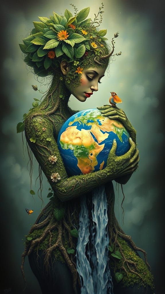 Woman of Plants Embracing Earth, Surrealist Digital Art