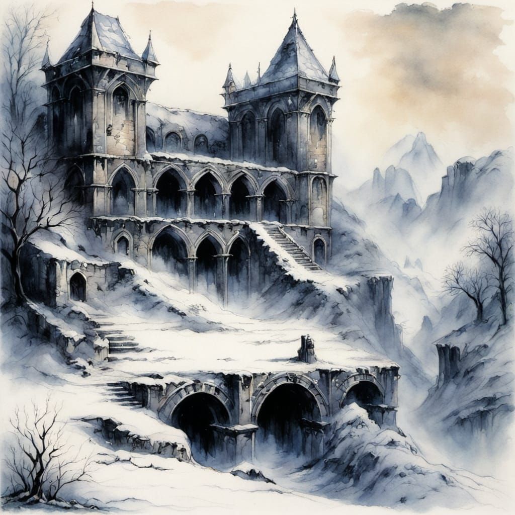 Medieval Ruin Winter Landscape in Watercolour and Alcohol In...