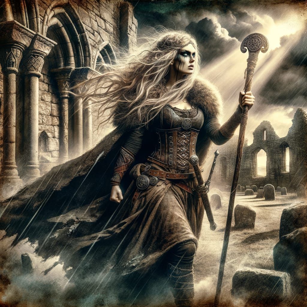 Norse Goddess Striding Through Castle Ruins