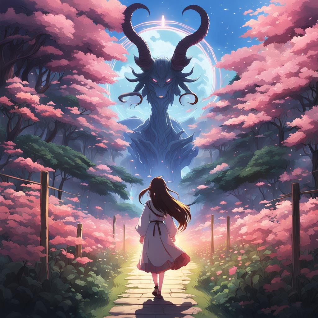 Anime Girl with Halo and Horns in Ghibli Style