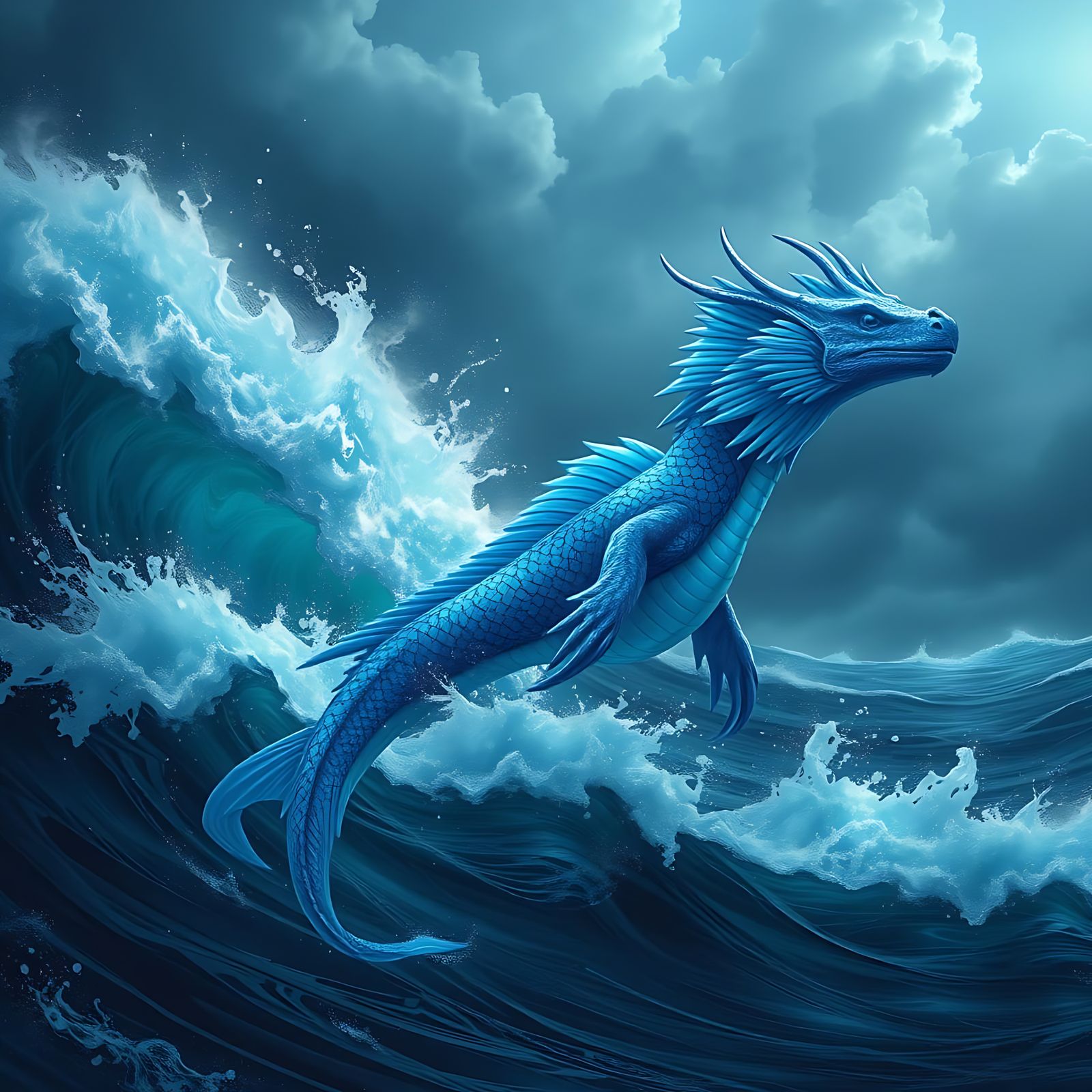 Sapphire Ocean Dragon in Hyper-Realistic Stormy Sea Scene