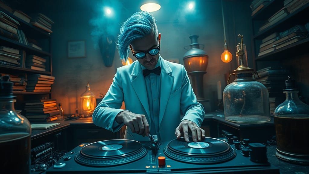 Stylish Chemist DJ Spins Turntables in Ancient Alchemical La...