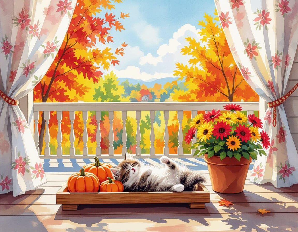 Fluffy Kitten and Pumpkins on Veranda in Autumn Watercolor S...