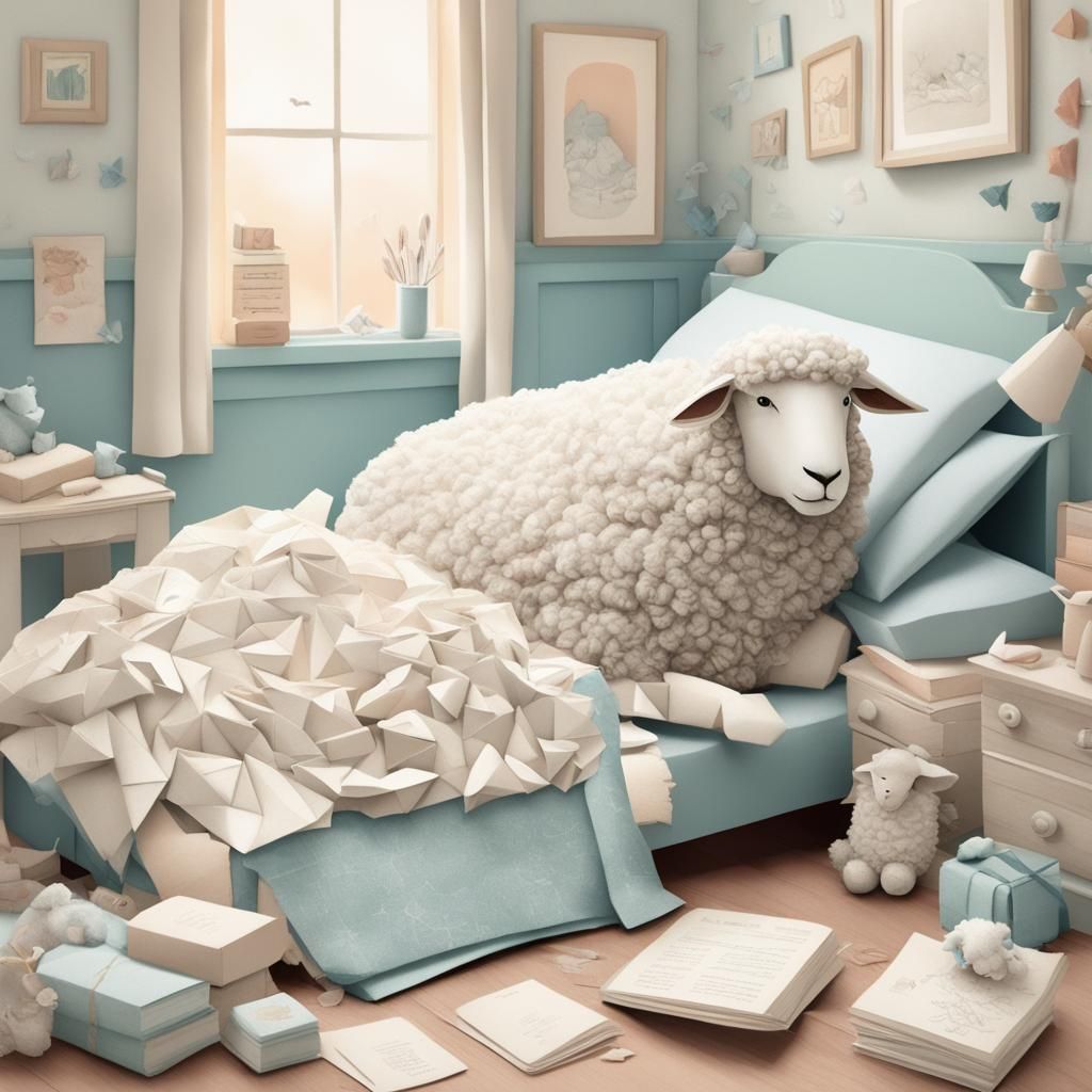 Sleepless Sheep in Cozy Origami Bedroom
