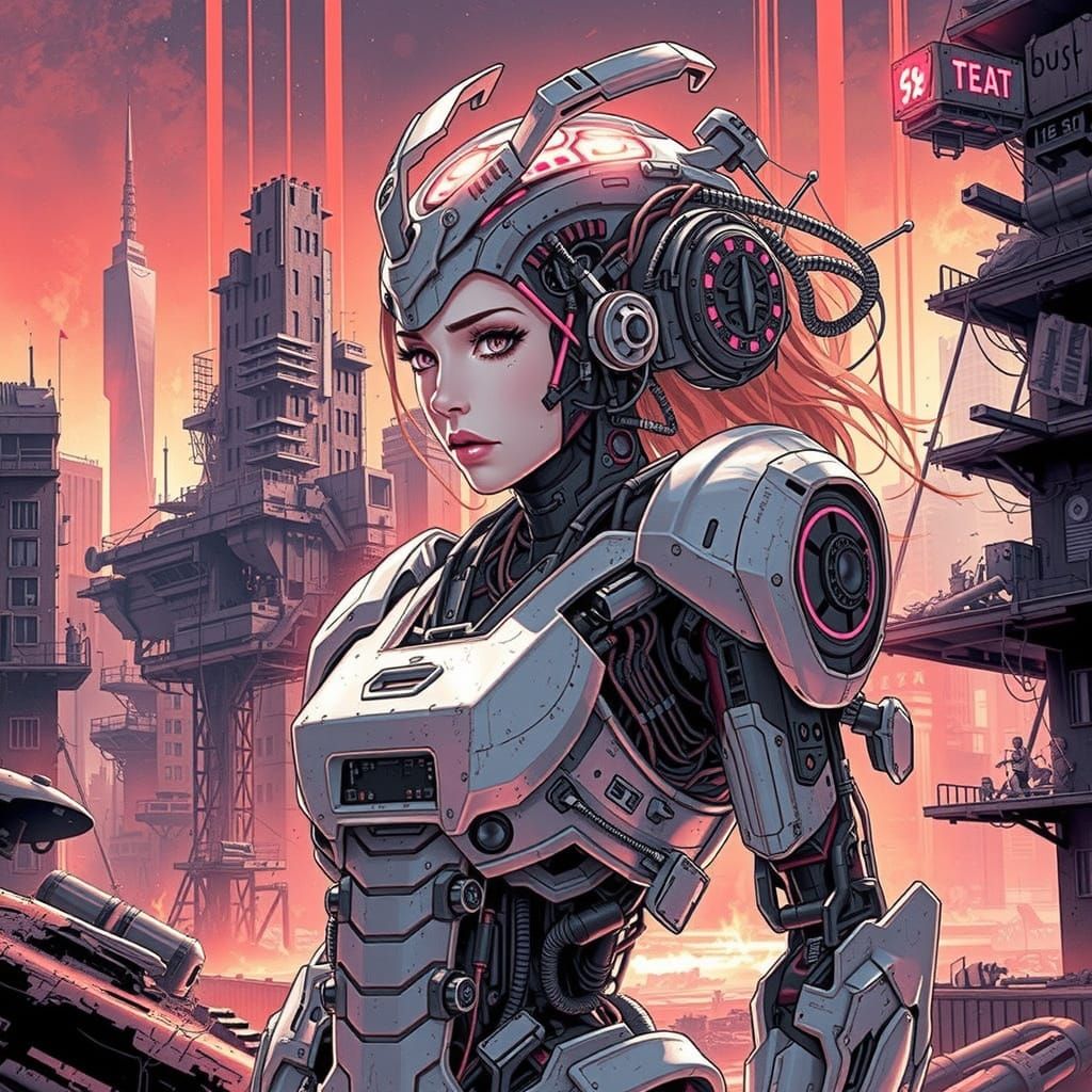 Cyborg Warrior Stands Resolute in Ruined Cyberpunk City