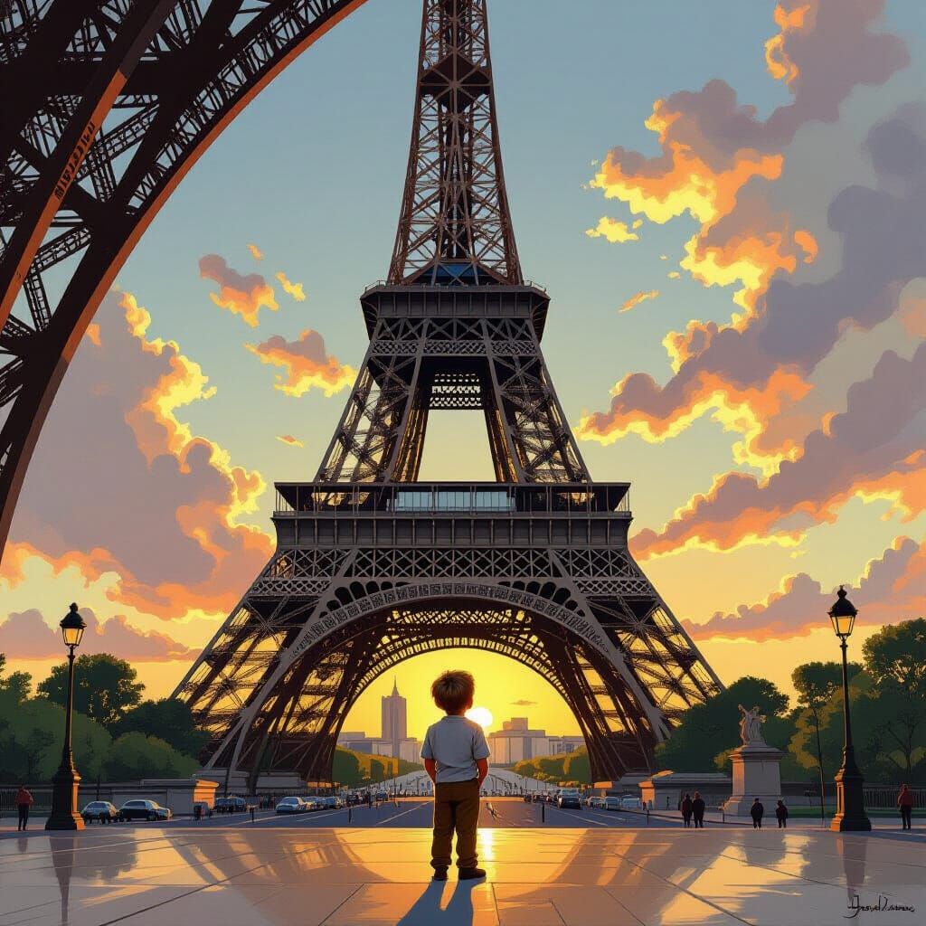 Boy Gazes Up At Eiffel Tower in Warm Sunlight