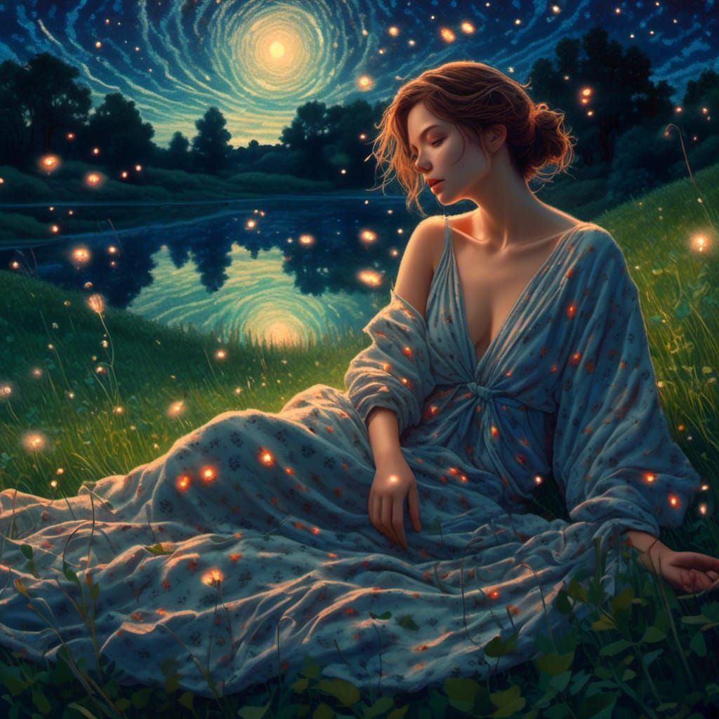 Woman Stargazing on Hill in Dreamy Digital Art