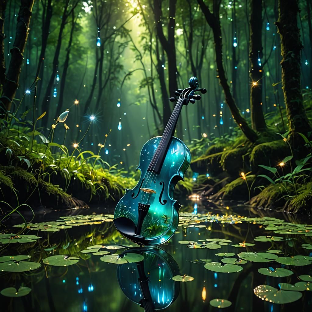 Surreal Glass Violin in Forest Clearing