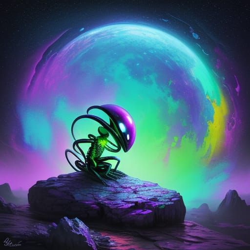 Alien on a Rock in Surrealist Oil Painting