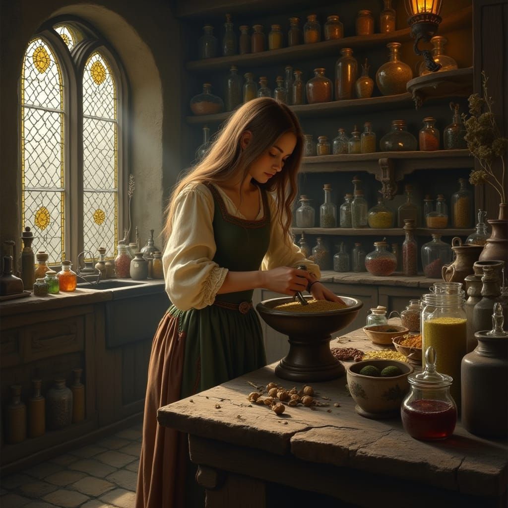 Medieval Apothecary Scene in Renaissance Style