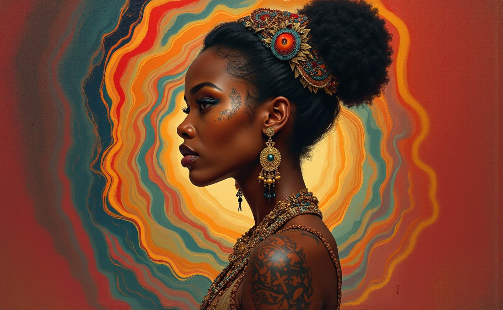 Afrofuturist Goddess with Tribal Tattoos and Golden Accents