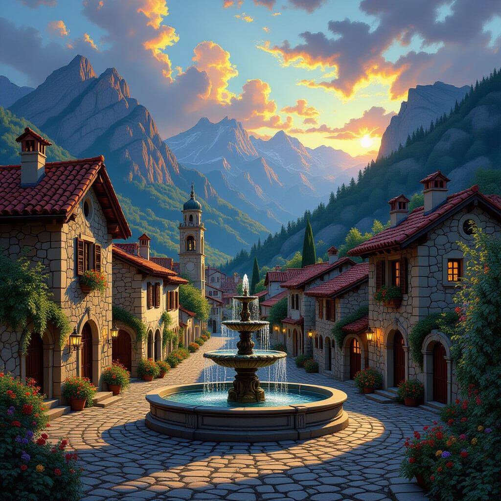 Baroque Village in Majestic Mountains at Sunset