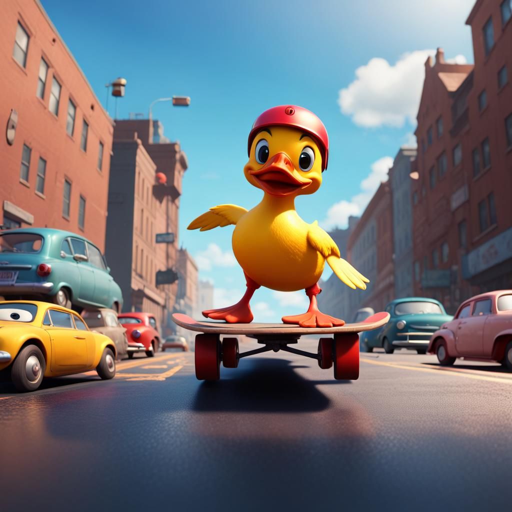 Daredevil Duck Skateboarding in Pixar Style