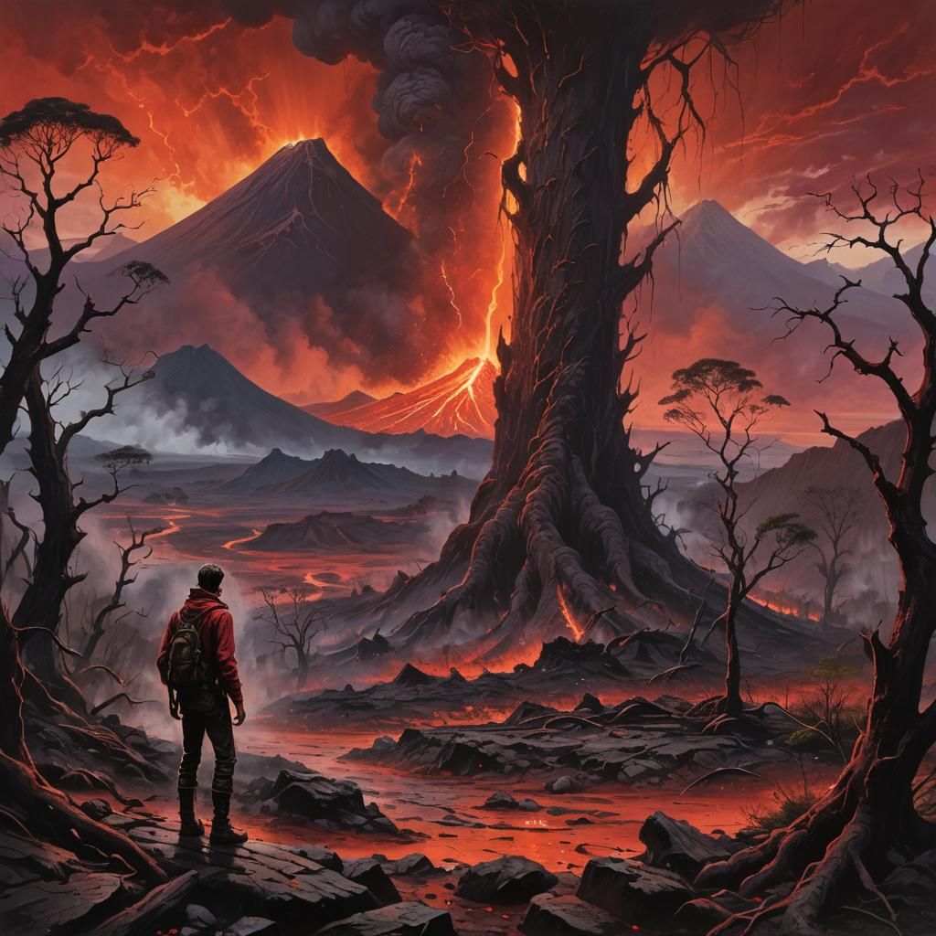 Volcano Eruption Watched by Lone Figure in Fantasy Art