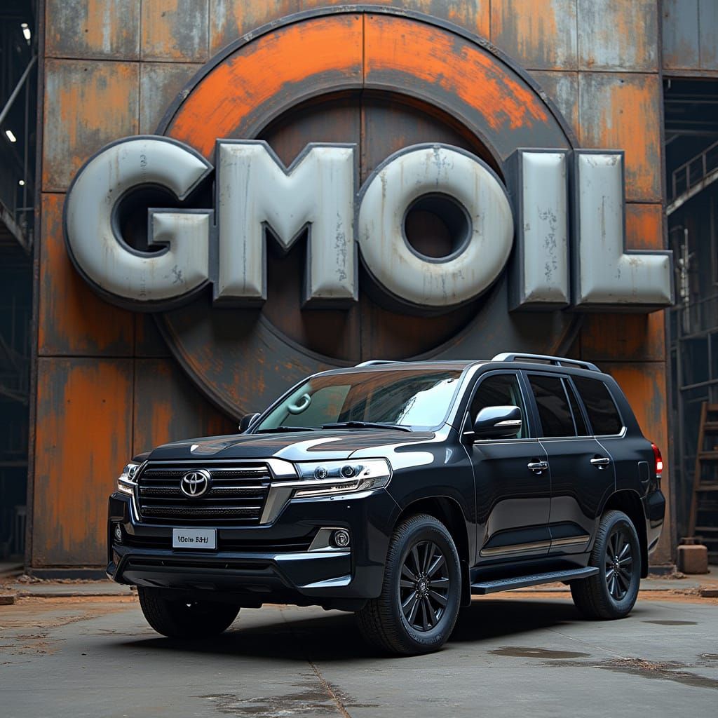 Toyota Land Cruiser in Front of Futuristic GMOIL Logo