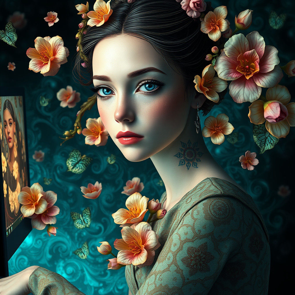 Dreamlike Woman with Flowers, in Expressionist Style