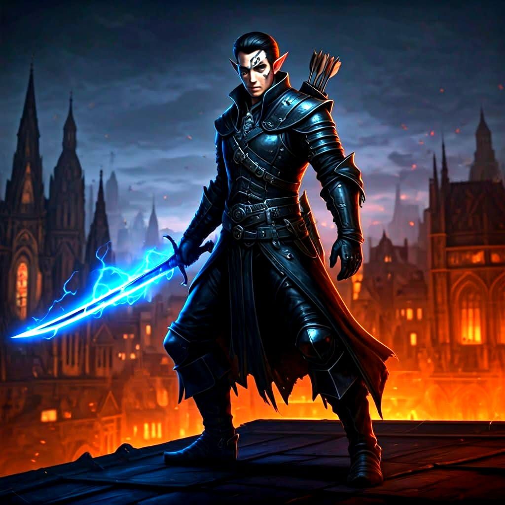 Half Elf Rogue on Rooftop in Hyperdetailed Style