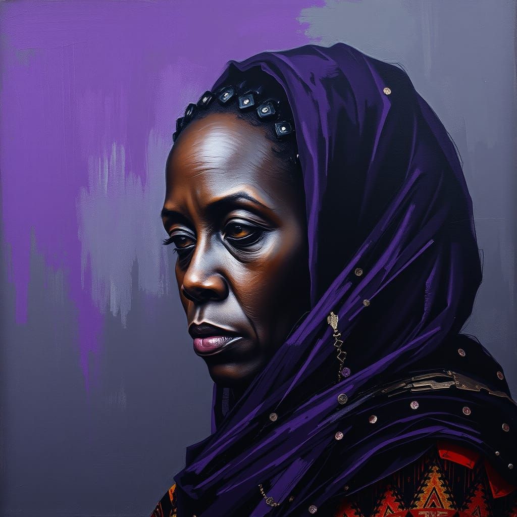 Sombre Portrait of a Woman in Deep Purples and Greys