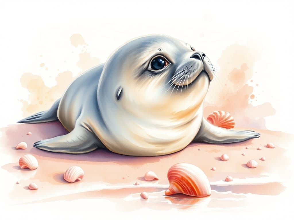 Pastel Baby Seal on Shoreline in Watercolor Style