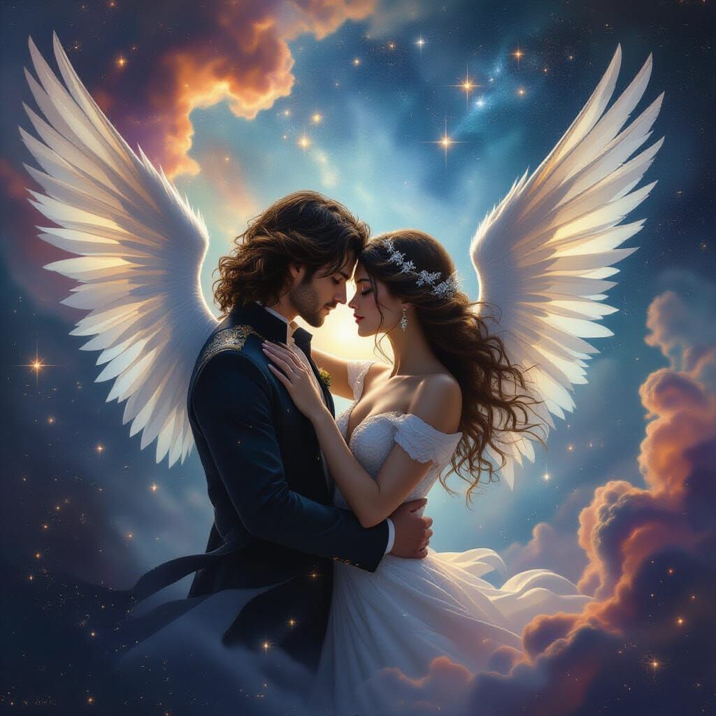 Celestial and Mortal Lovers Embrace in Cosmic Nebula