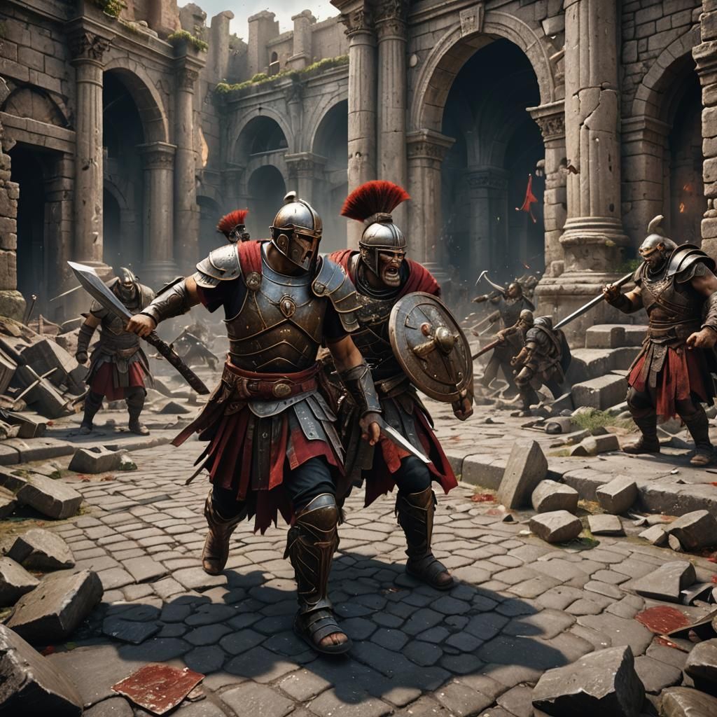 Centurion Battles Orc in Ruined City
