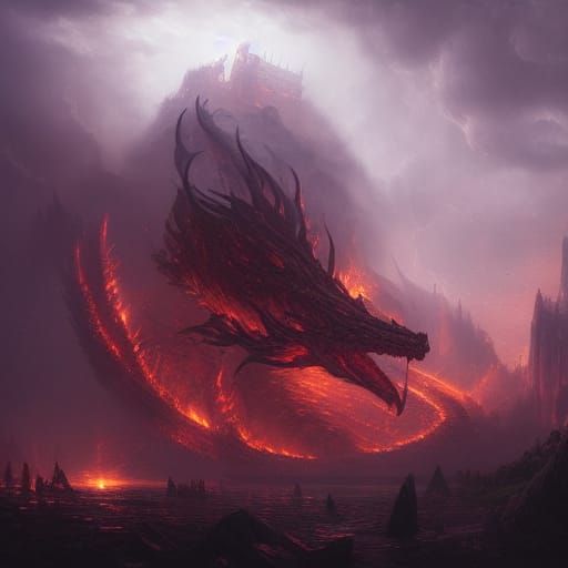 Three-Headed Dragon in Burning Forest, Dark Fantasy Art
