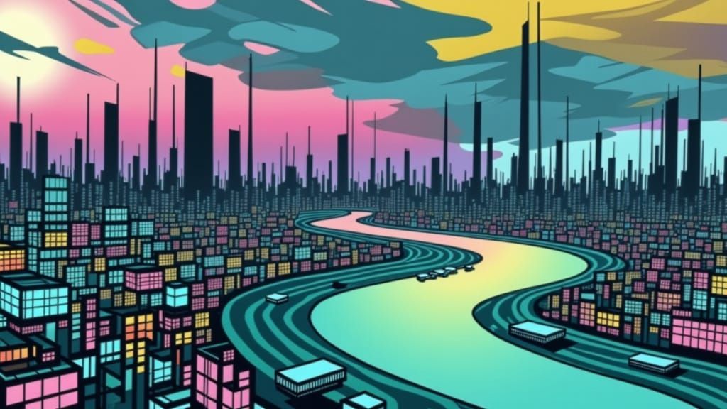 Futuristic Cityscape With Geometric Skyline and Flowing Rive...