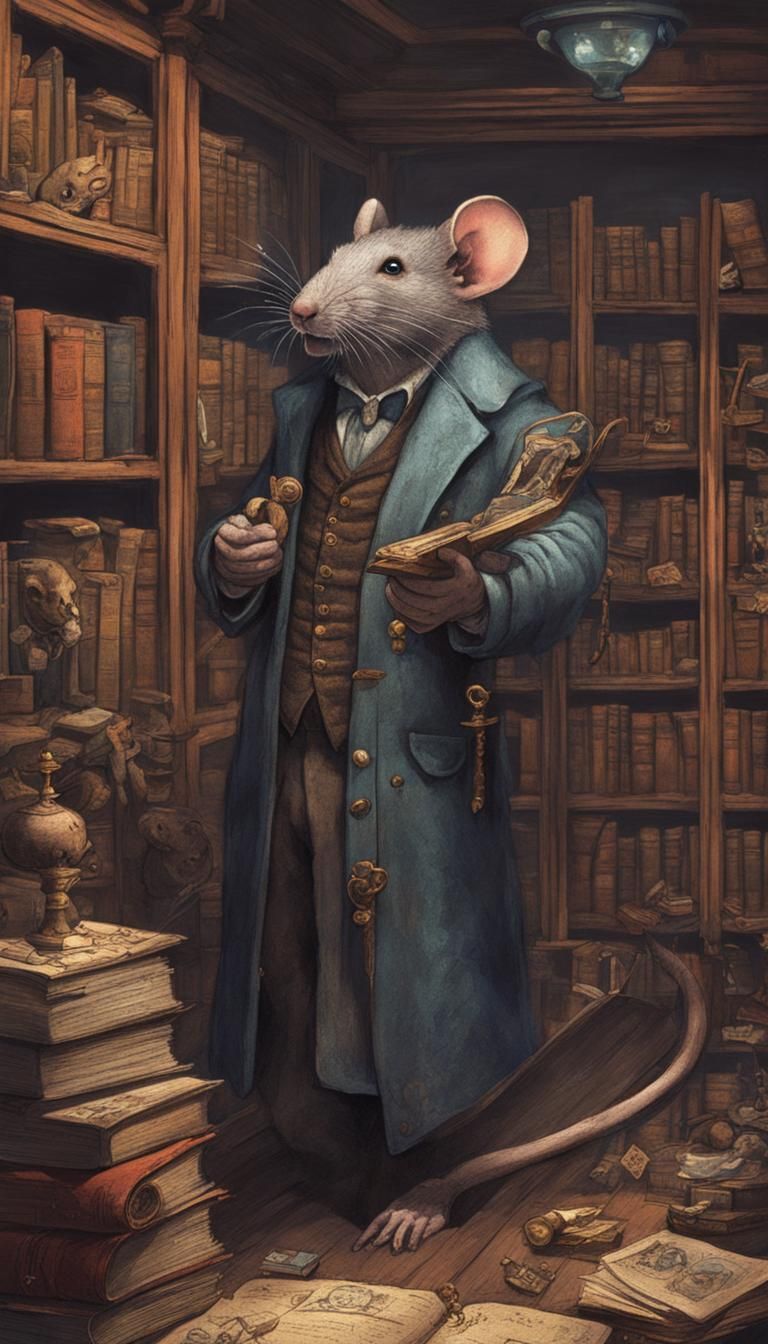 Rat Magician in Library: Whimsical AI Art