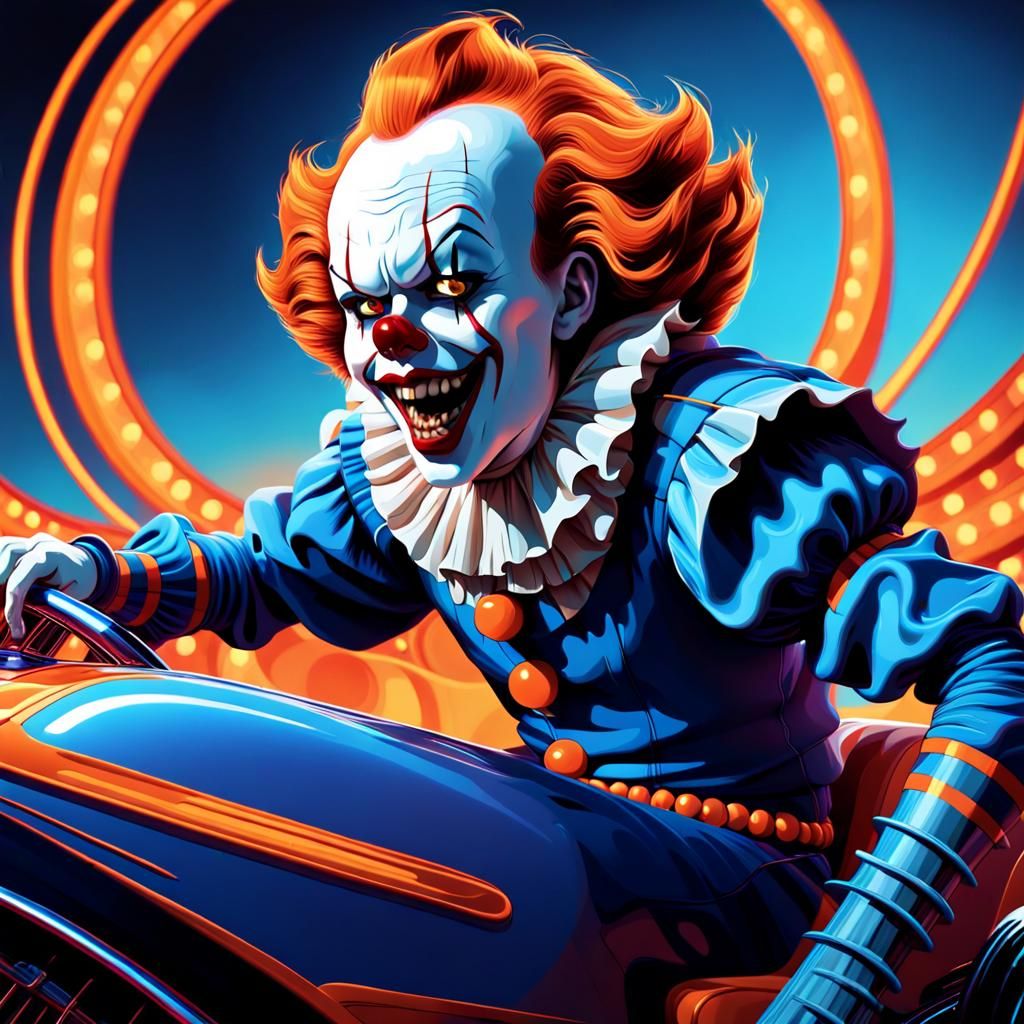 Pennywise Rides Hot Rod in Surreal Carnival Art