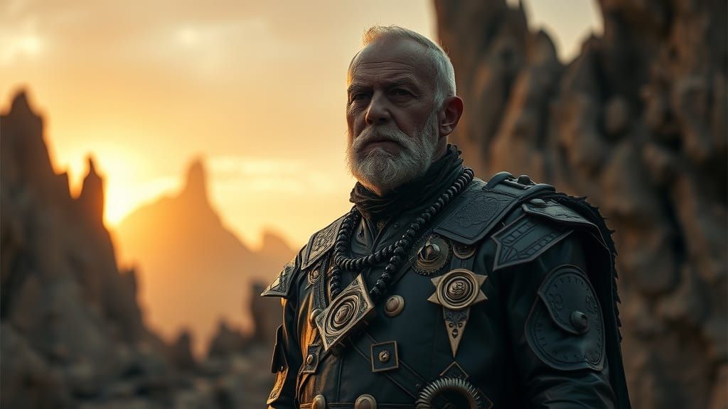 Leather-Clad Figure in Barren Landscape, Cinematic Lighting