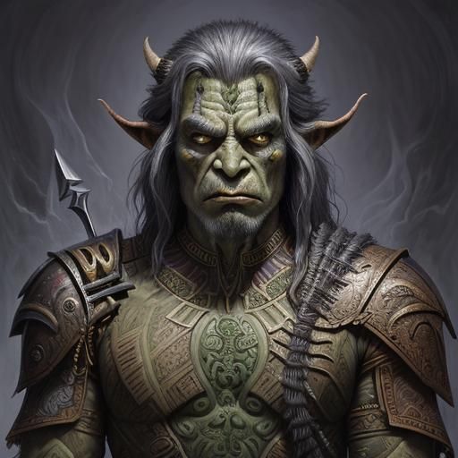 Portrait--WARRIOR ORC PRINCE deciduous bold scribe, Edwardian, Alex Grey, Guido Borelli