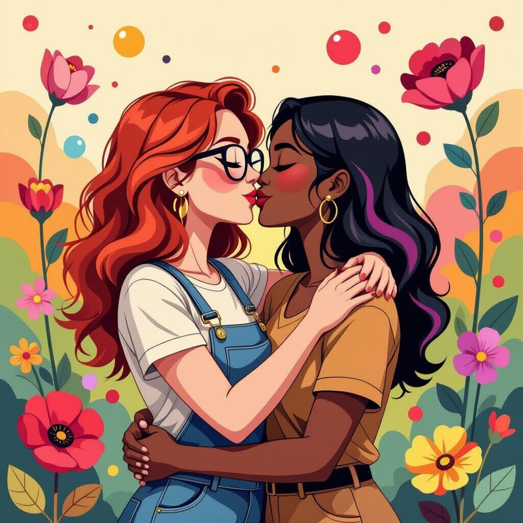 Cubist-Style AI Lesbian Couple in Colorful Embrace