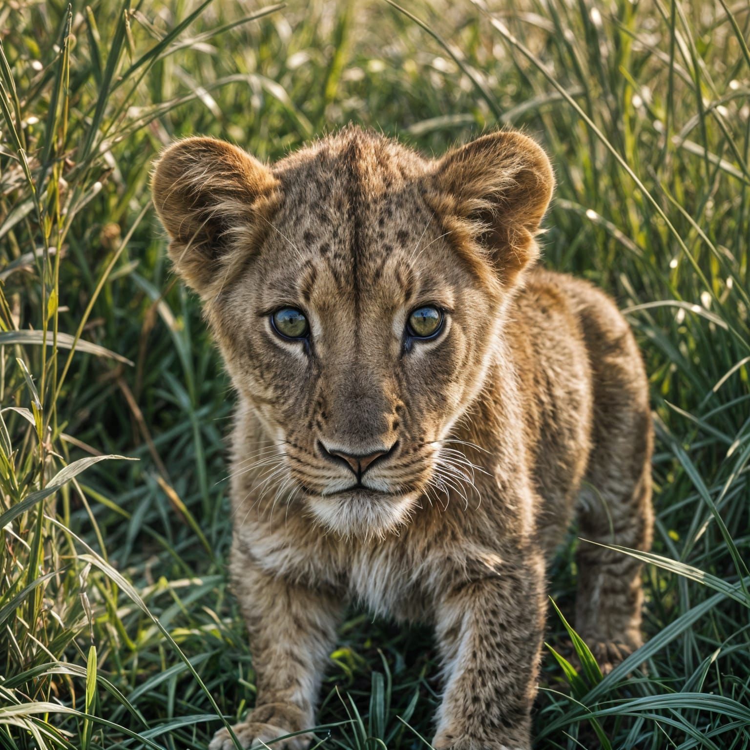 Lion Cub Portrait in Tall Grass: Realistic Close-Up