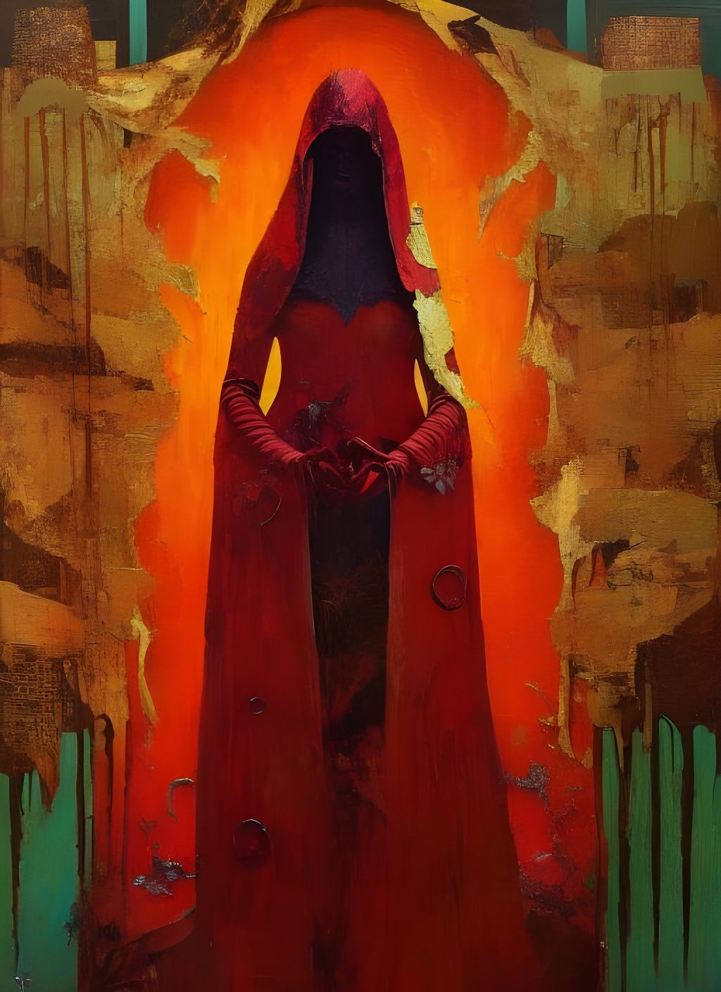 Eerie Hooded Priestess Portrait in Abstract Surrealism