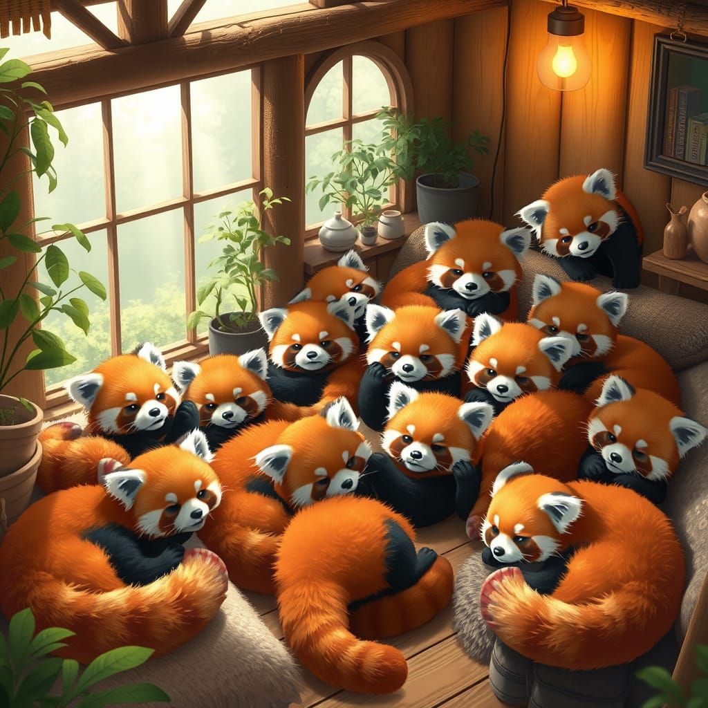 Surreal Red Panda Haven in Whimsical Studio Ghibli Style
