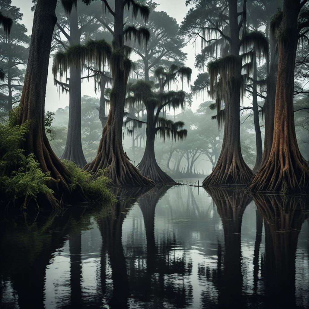 Twisted Cypress Trees in a Misty Caddo Lake Landscape
