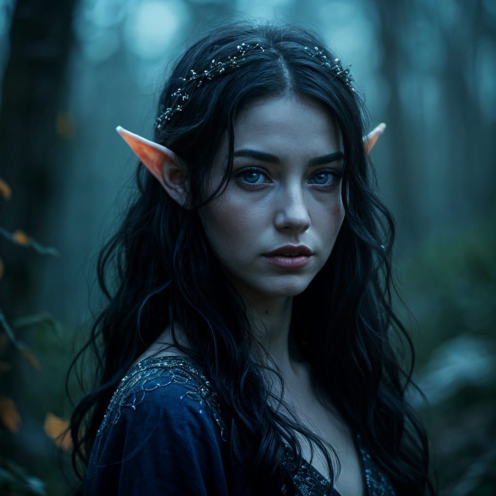 Enchanting Elf Woman in Moonlit Ruins: Cinematic Portrait